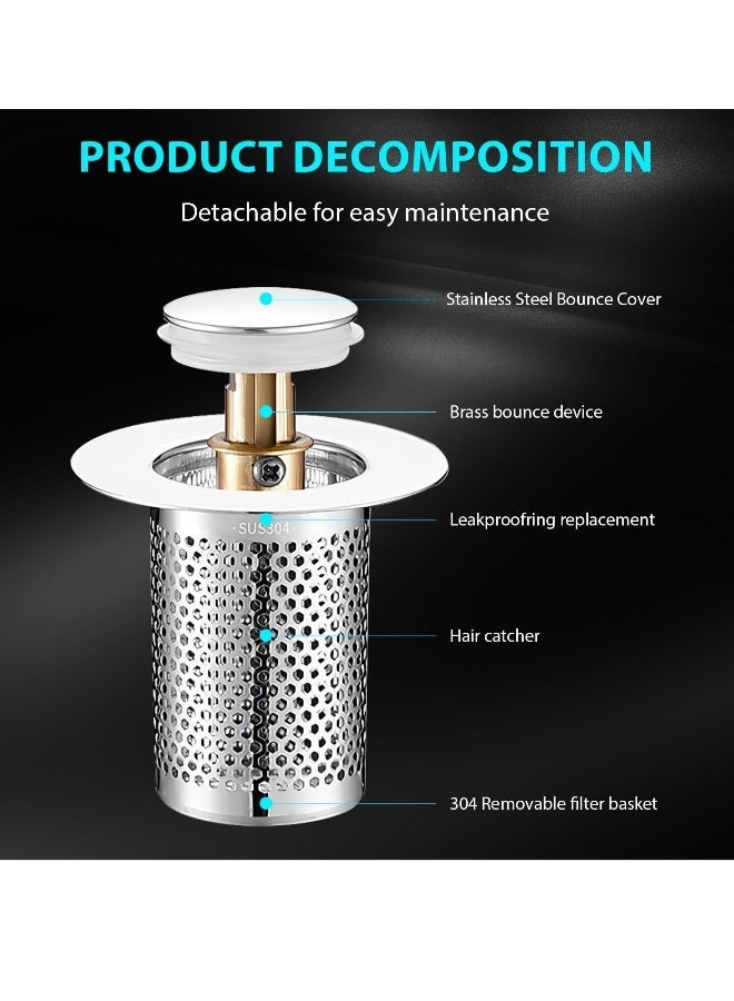 2 Pack Bathroom Sink Stopper, Pop Up Bathroom Sink Drain Strainer with Removable Stainless Steel Filter Basket Hair Catcher, Suitable for US 1.3''-1.5'' Drainage Outlet